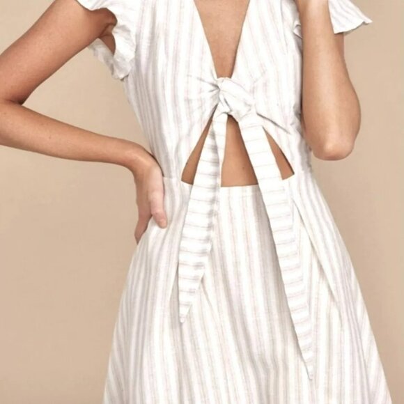 &Merci Tie Front Linen Blend Dress Sz M Flutter Sleeves Stretch Waist Cut Out - Picture 2 of 12